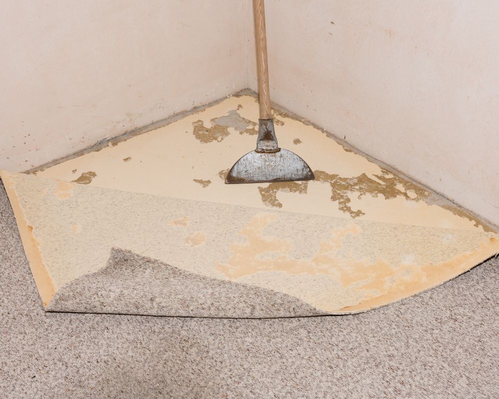 Several spots of stuck on carpet glue on a concrete floor.