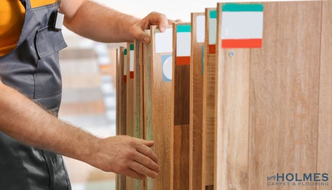 natural tones flooring samples on a shelf